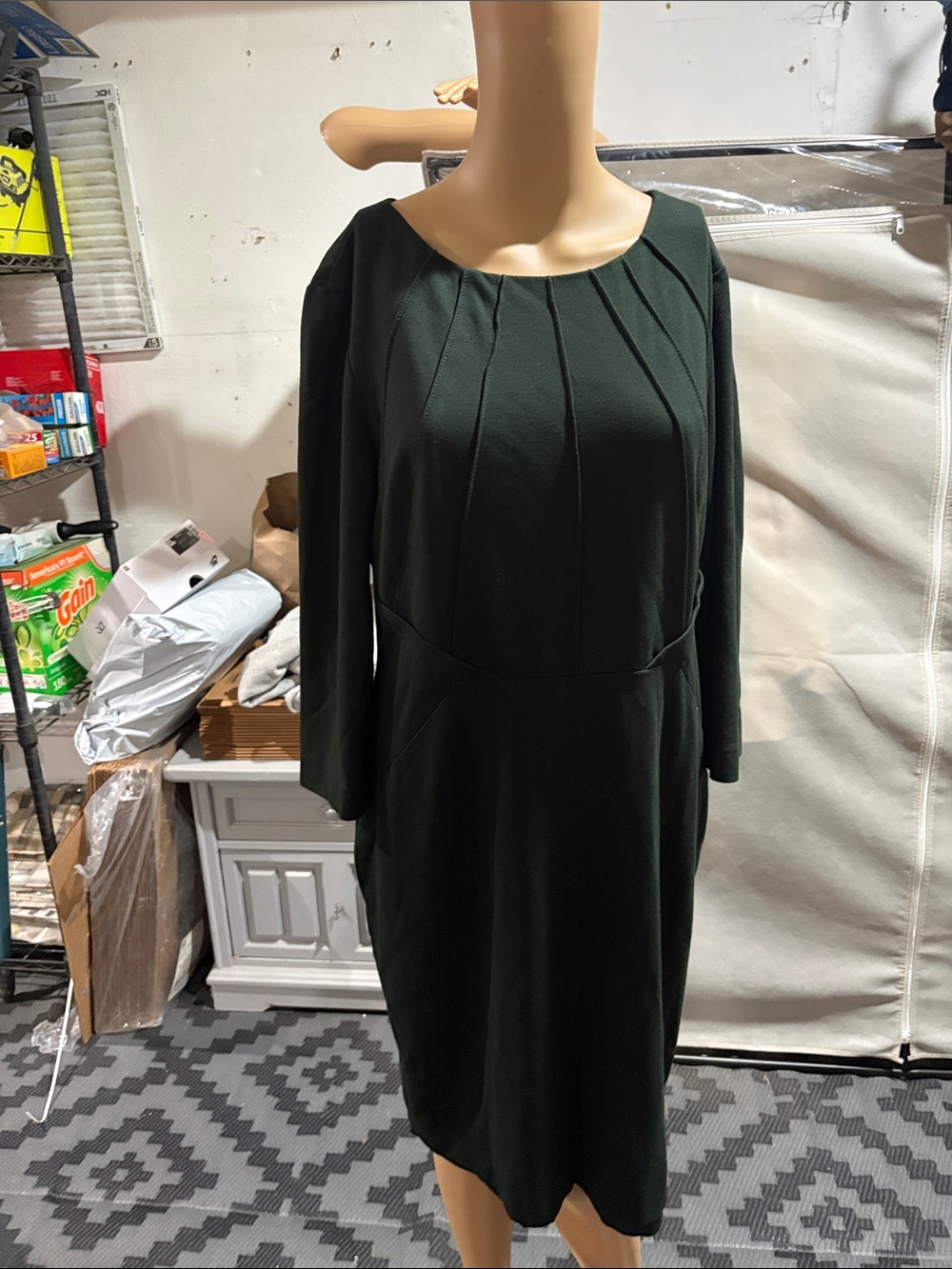 Tahari Dark Green Long-Sleeve Pleated Front Dress